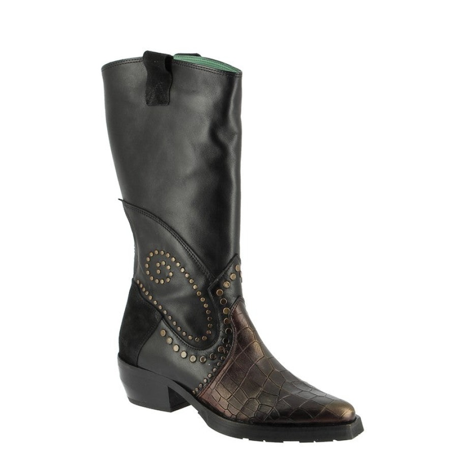 Womens Felmini Knee High Boots | Felmini D264 Black/Bronze Calf Boot